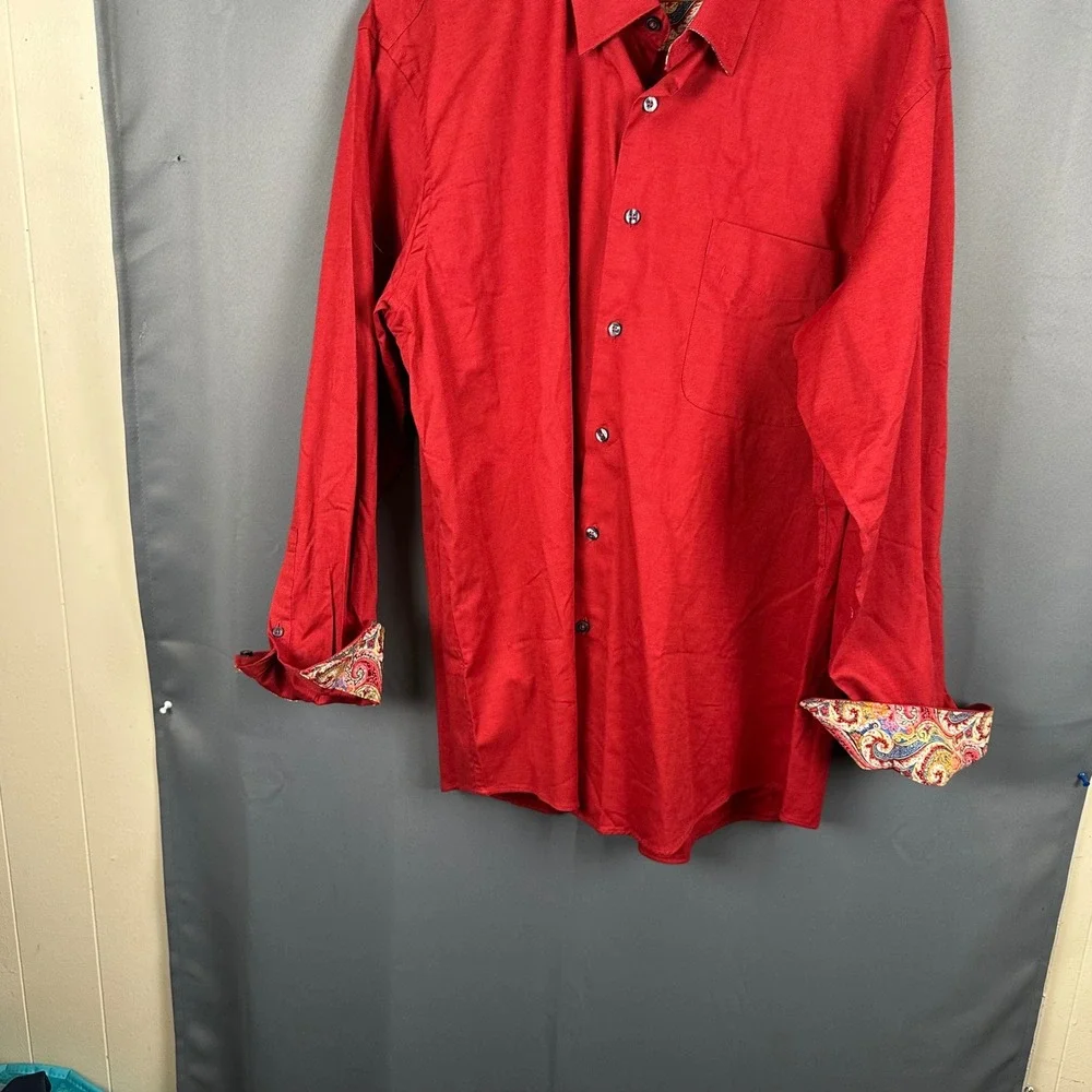 Alan Flusser Mens Red Button Down Shirt Paisley Trim Accents Long Sleeve Large